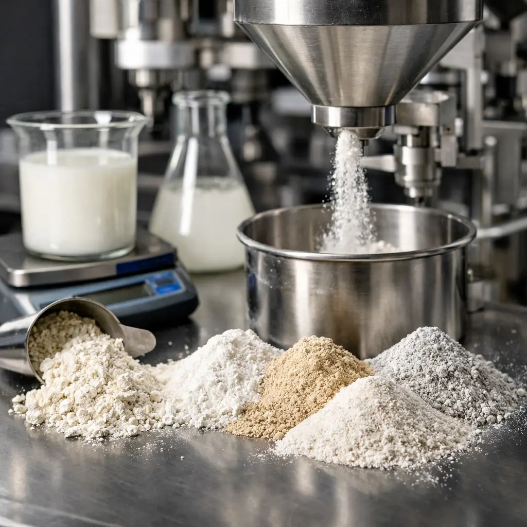 Close-up van functionele vulstoffen in poedervorm tijdens een industrieel mengproces in een laboratoriumomgeving