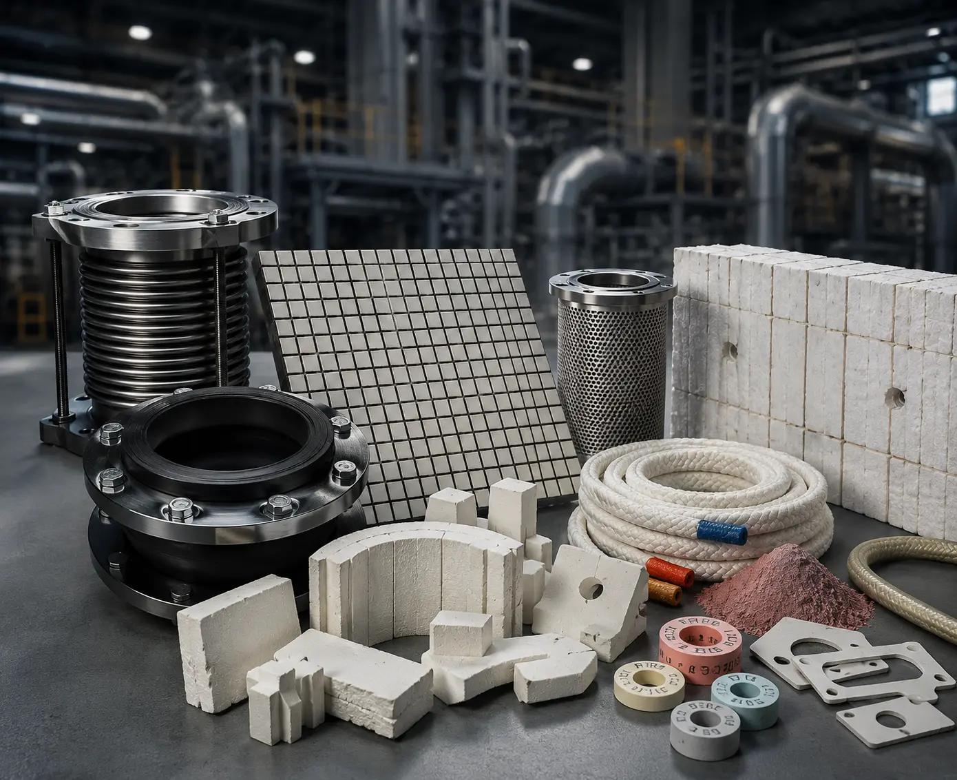 Overzicht van industriële componenten en materialen van Profiltra voor filtratie, leidingtechniek, slijtvastheid en isolatie