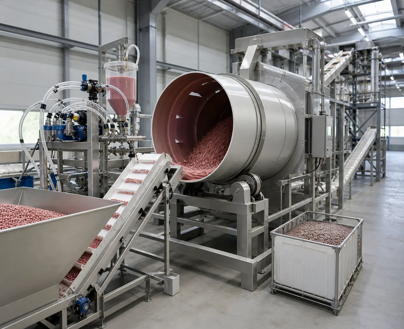 Industriële zaadbehandelings- en coatinglijn met doseersystemen en roterende trommel in agro- en life sciences productieomgeving