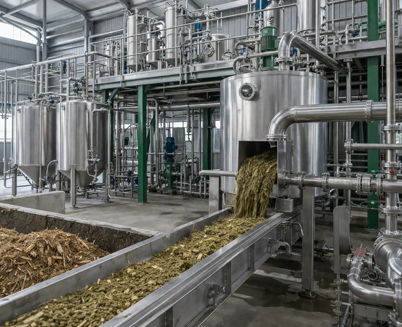Bioraffinaderij met biomassa verwerkingsinstallatie en scheidingstanks met zichtbare vezelstromen in industriële procesomgeving