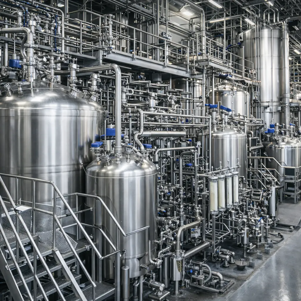 Industriële bioraffinaderij met roestvrijstalen tanks, leidingsystemen en procesinstallaties voor verwerking en scheiding van biomassa.