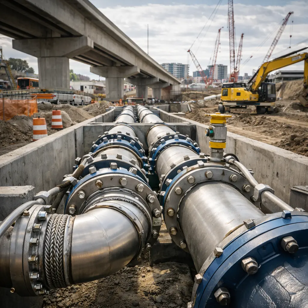 Industriële leidingsystemen met flensverbindingen in een infrastructuurproject op een bouwplaats.