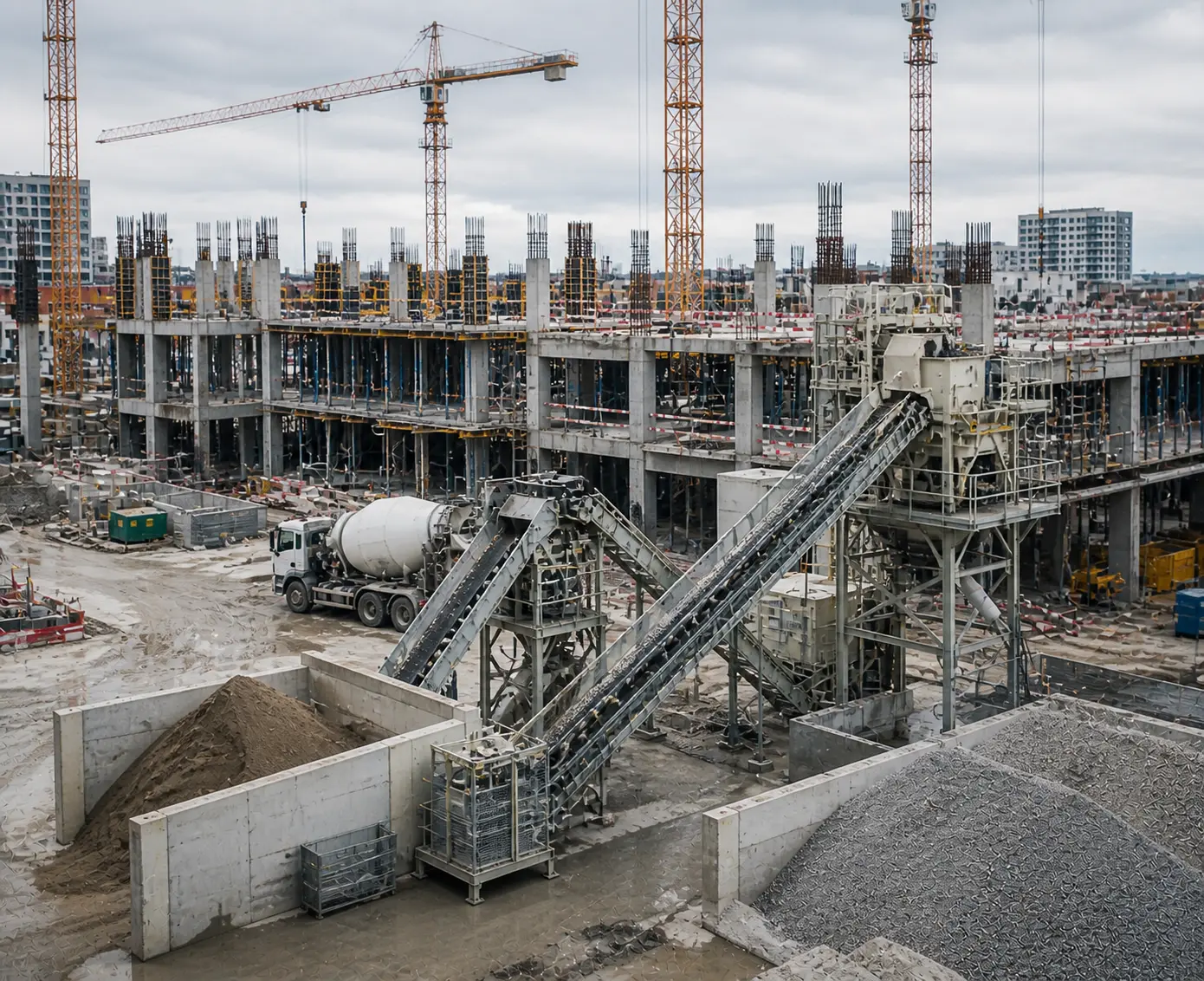 Grootschalige bouwplaats met materiaalverwerking en industriële installaties voor infrastructuurprojecten