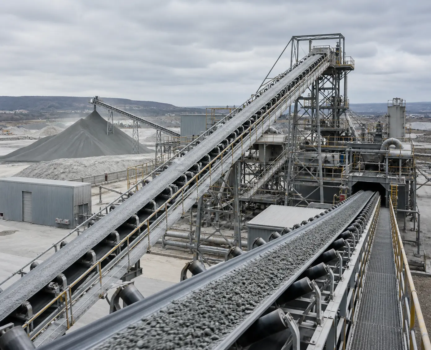 Transportbanden voor bulkgrondstoffen in een industriële mineraalverwerkingsinstallatie binnen de basismaterialenindustrie