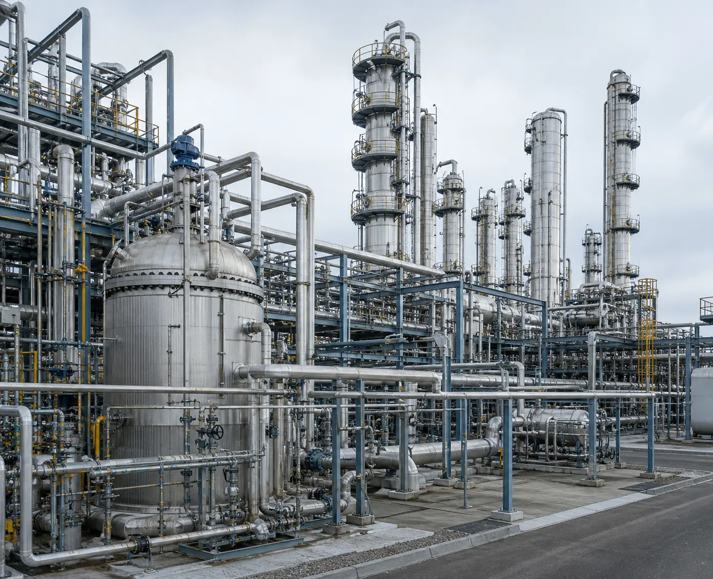 Grootschalige chemische procesinstallatie met reactoren, destillatiekolommen en complexe leidingsystemen in een industriële productieomgeving