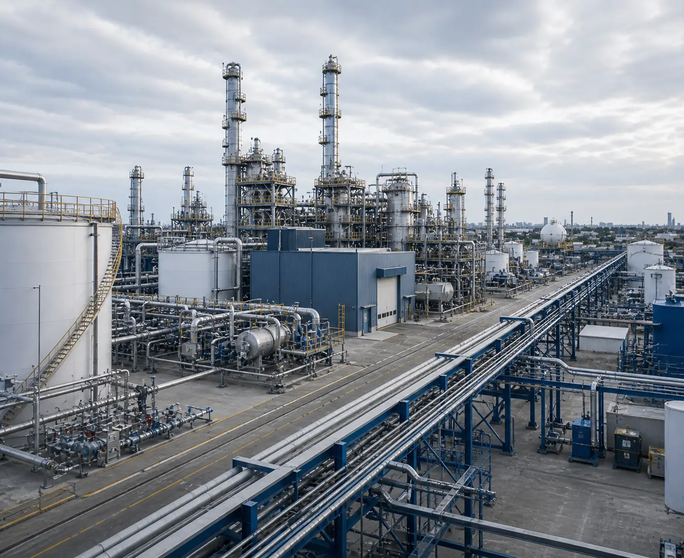 Industriële chemische installatie met leidingsystemen, tanks en raffinaderijtorens in een procesomgeving