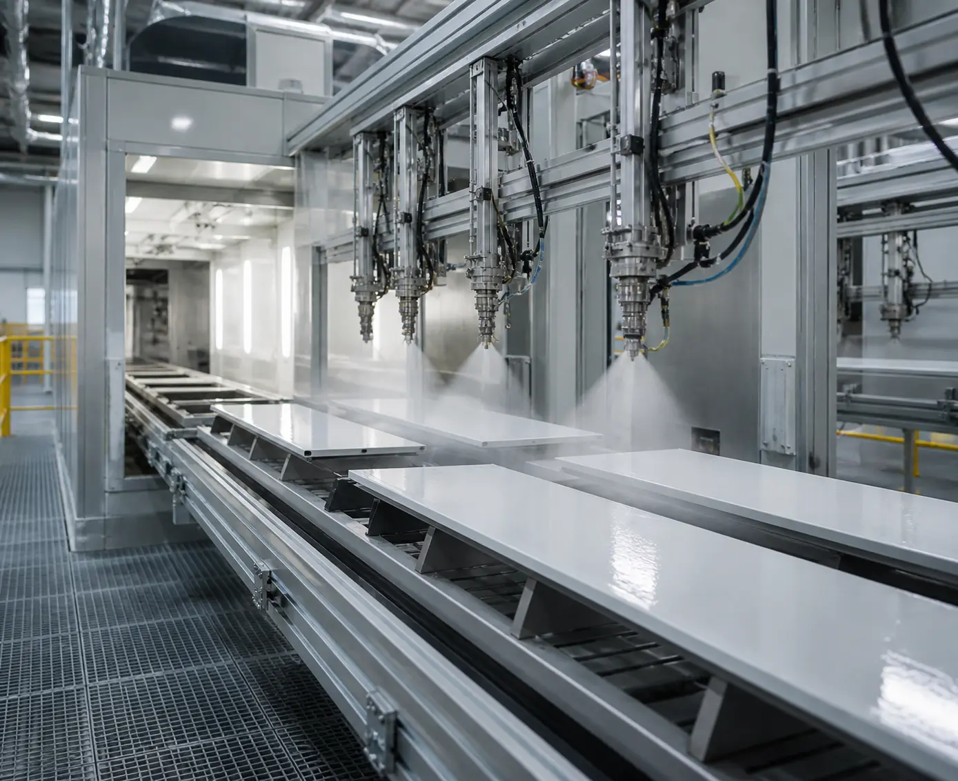 Industriële coatinglijn met automatische sprayapplicatie die coating aanbrengt op metalen oppervlakken in een productieomgeving