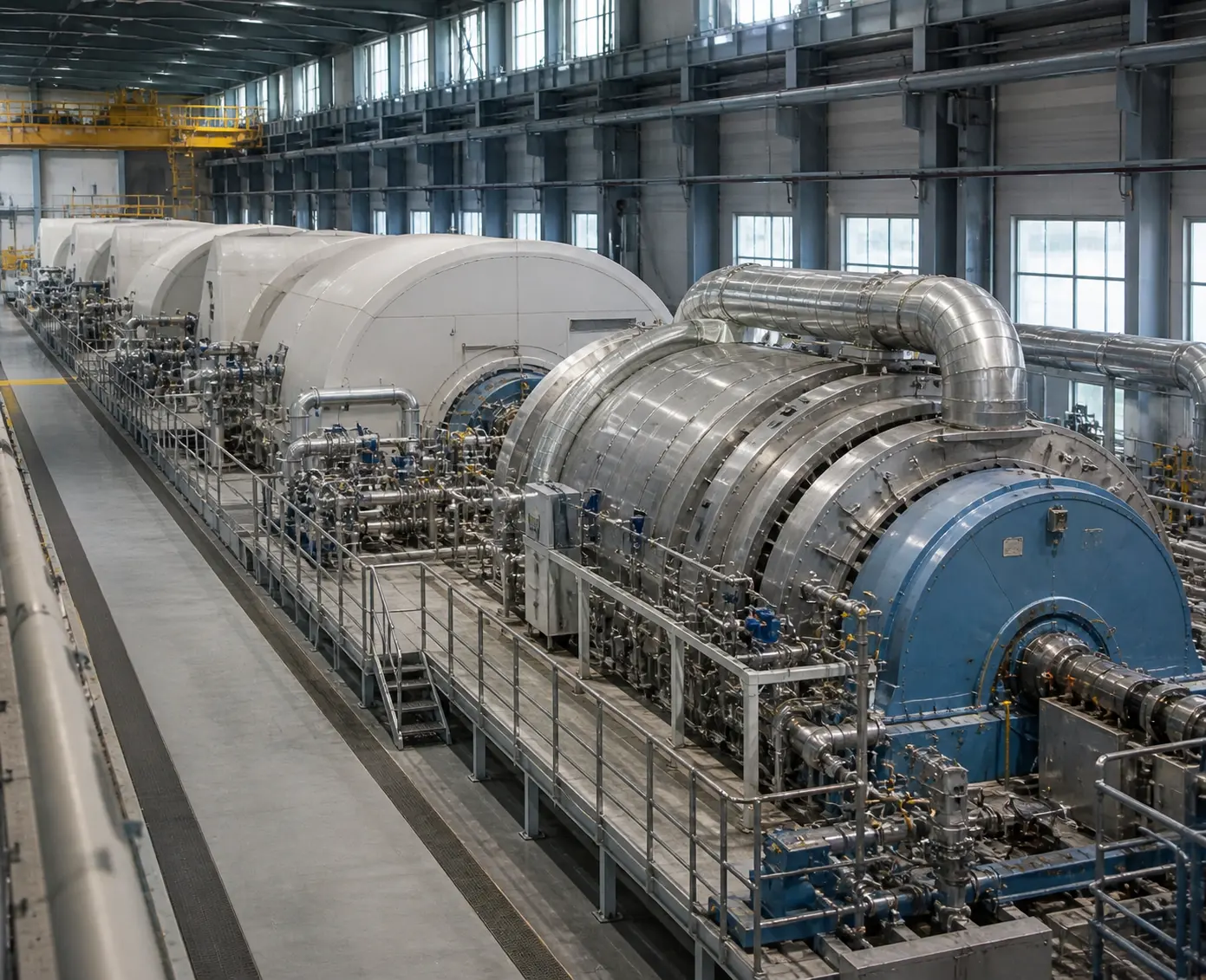 Turbinehal in energiecentrale met industriële turbines en energieopwekkingsinstallatie