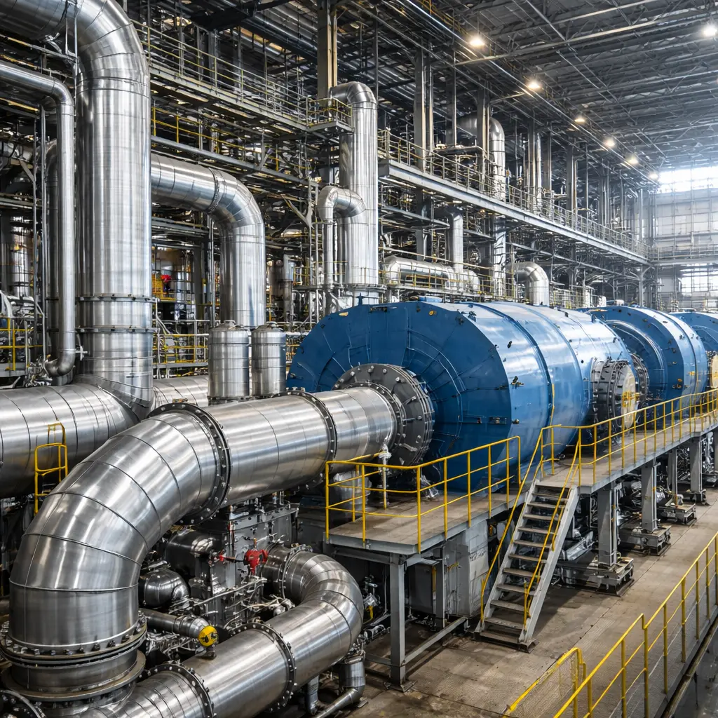 Industriële energie-installatie met turbines en uitgebreide leidingsystemen in een energiecentrale.