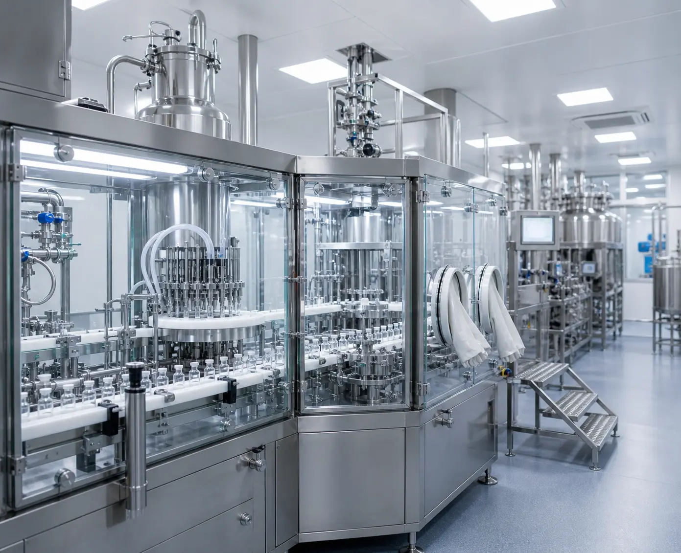 Farmaceutische productieomgeving met cleanroom en steriele roestvrijstalen procesinstallatie voor aseptische verwerking