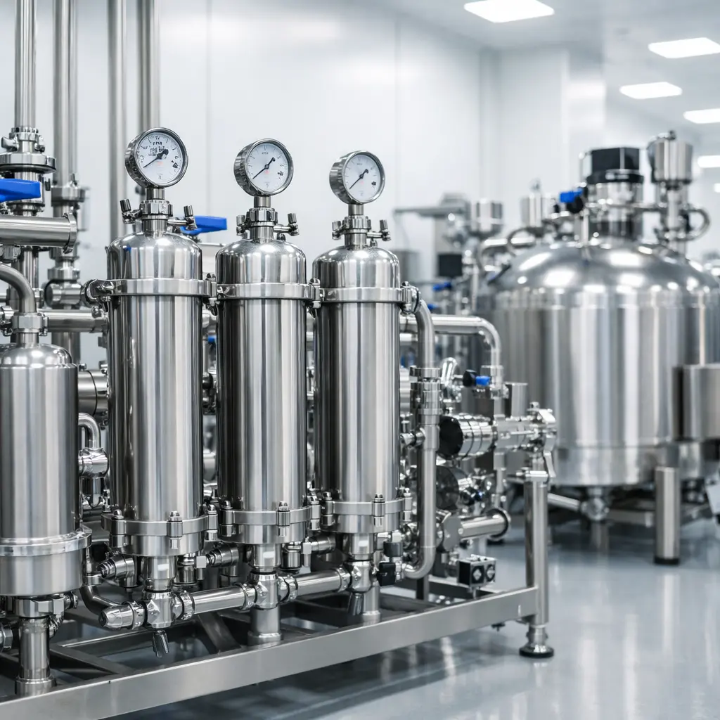 Steriele filtratie-installatie in een farmaceutische cleanroom met roestvrijstalen procesapparatuur en drukmeters.