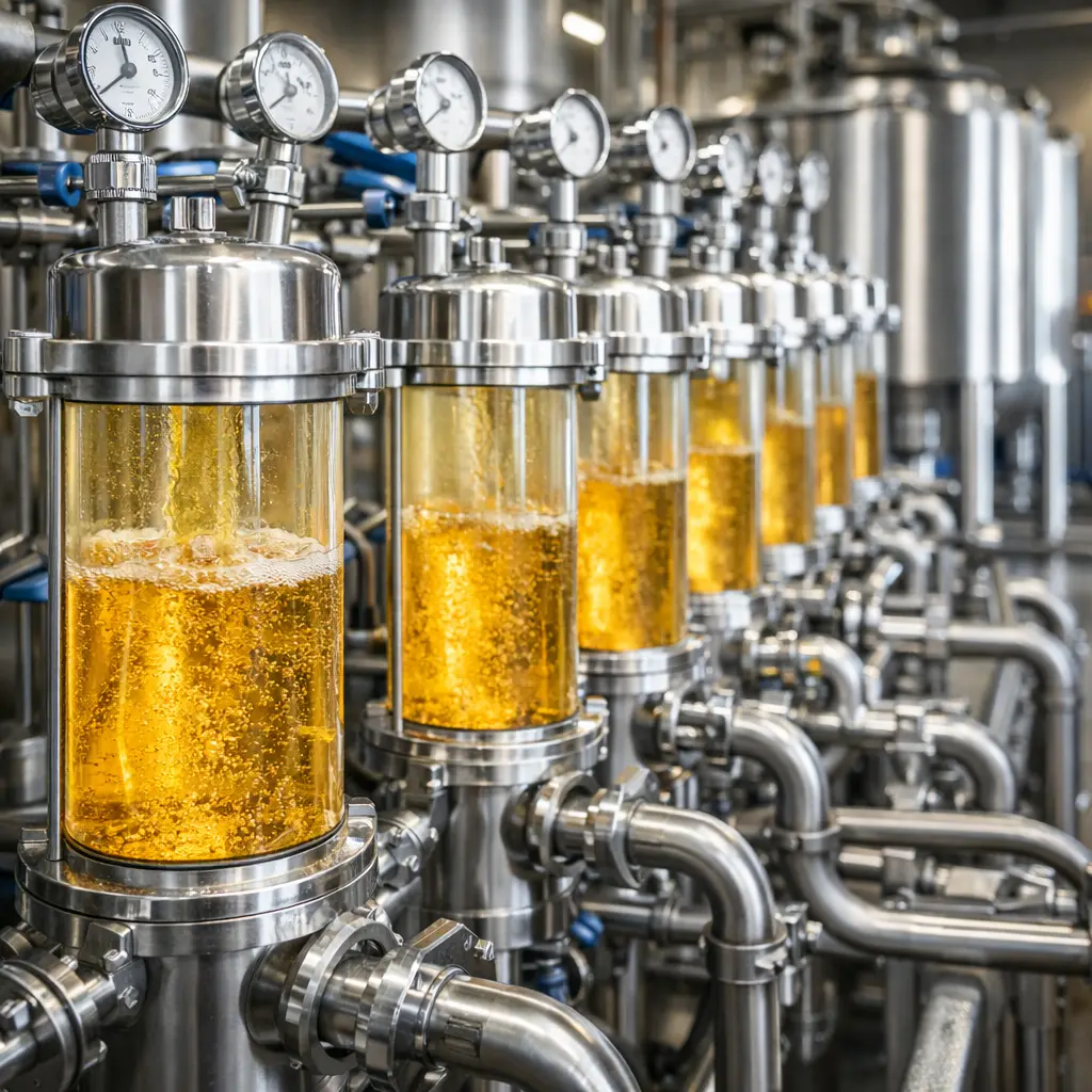 Industriële filtratie-installatie in een brouwerij met roestvrijstalen leidingen en transparante filterbehuizingen waar drank wordt gezuiverd