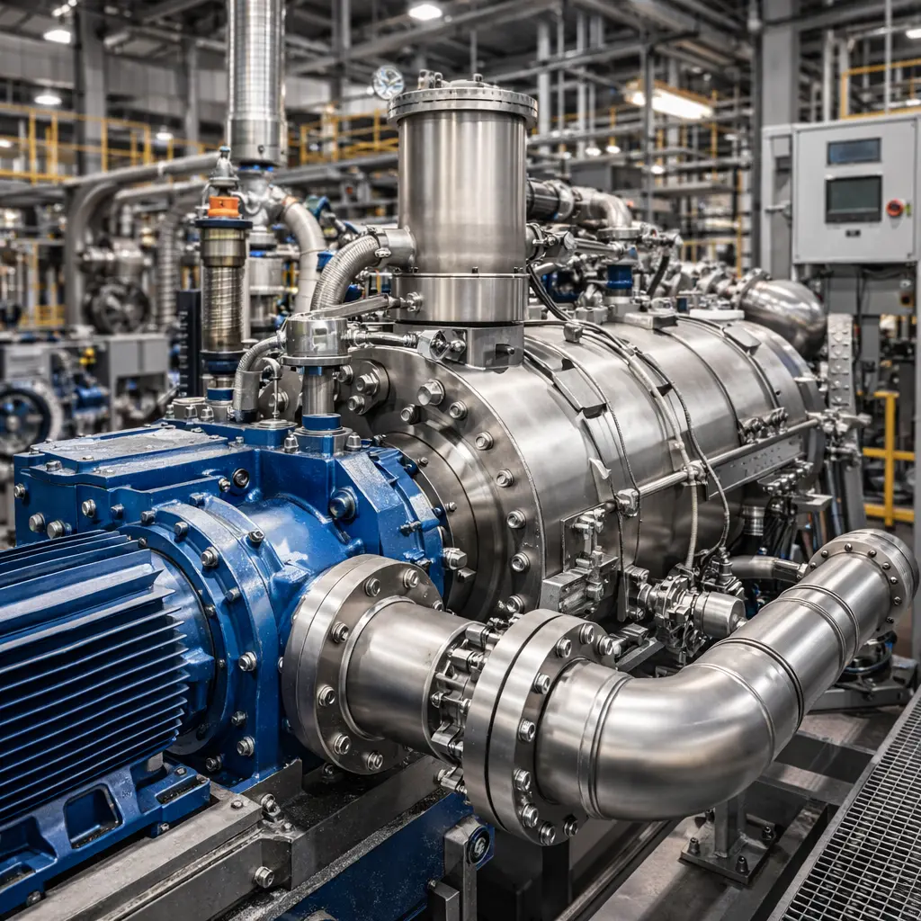 Industriële machine in een fabriekshal met roestvrijstalen procesinstallatie, leidingsystemen en mechanische componenten.