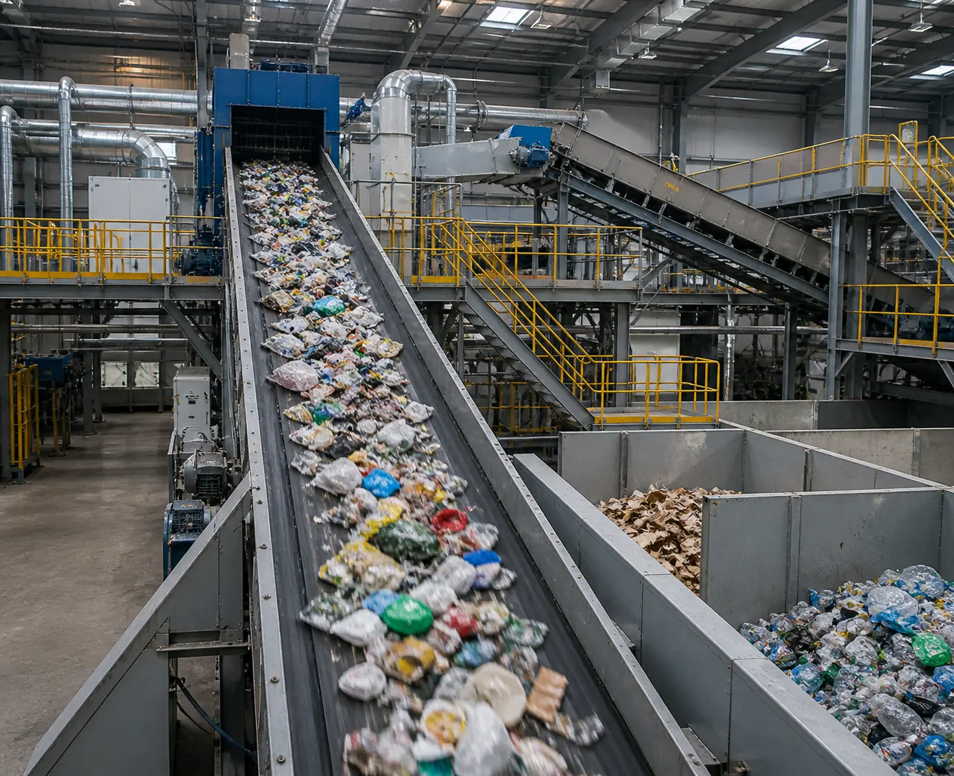 Industriële recyclinginstallatie met sorteerlijn en transportbanden waarop gemengde materiaalstromen worden gescheiden