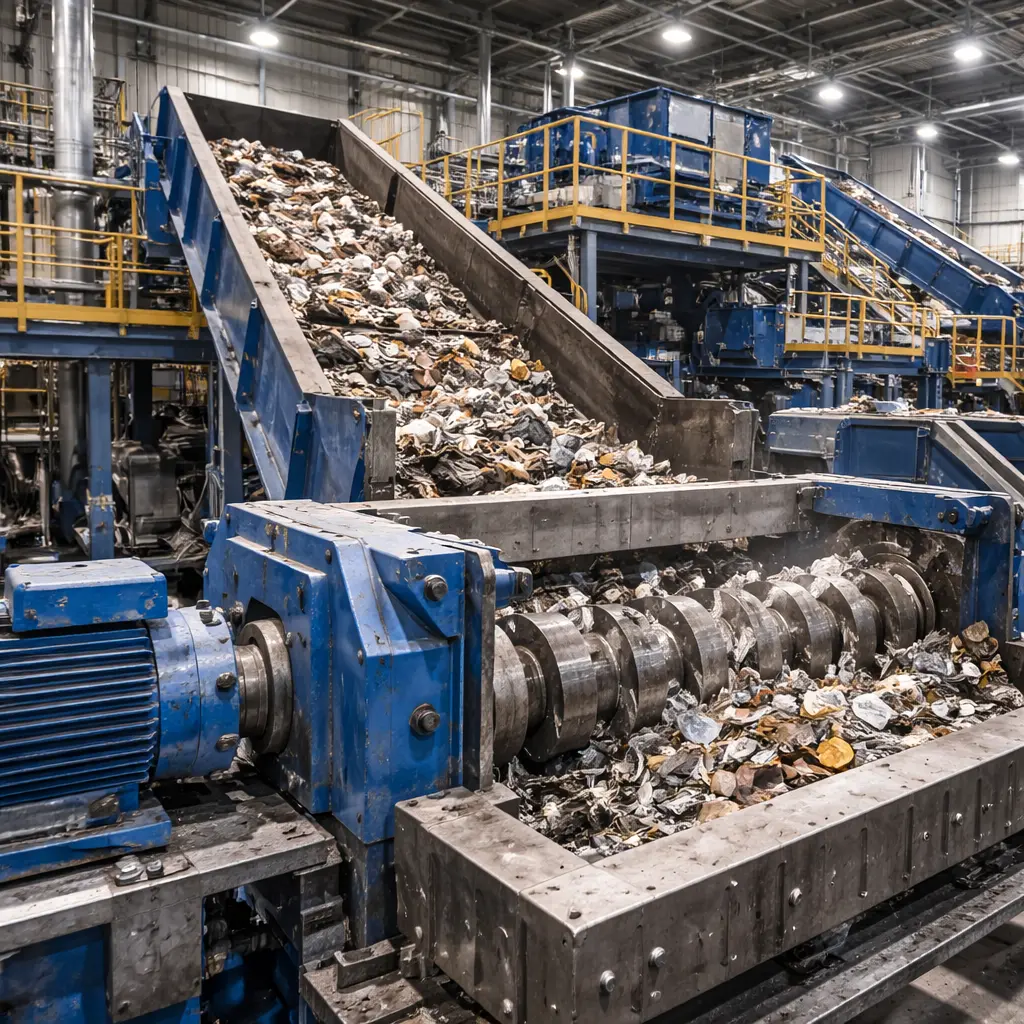 Industriële recyclinginstallatie met shredder, transportbanden en procesinstallaties voor verwerking van materiaalstromen.