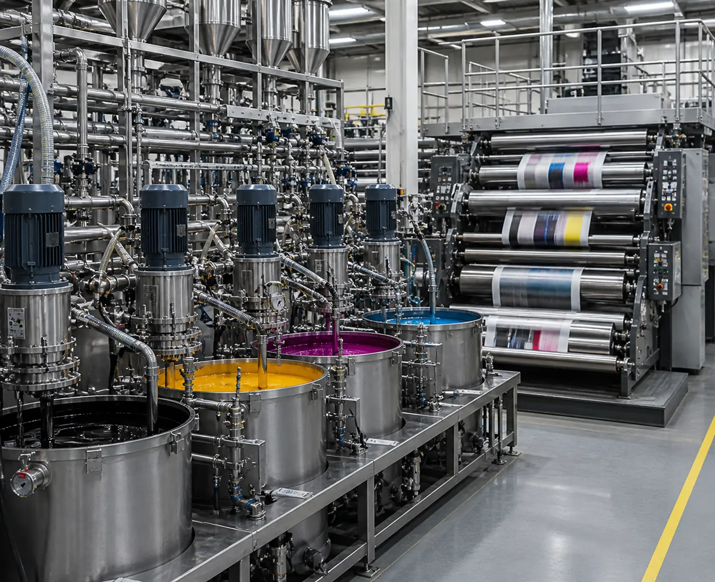 Industriële inktproductie met dispersiesysteem, pigmenttanks en geïntegreerde drukpers in productieomgeving