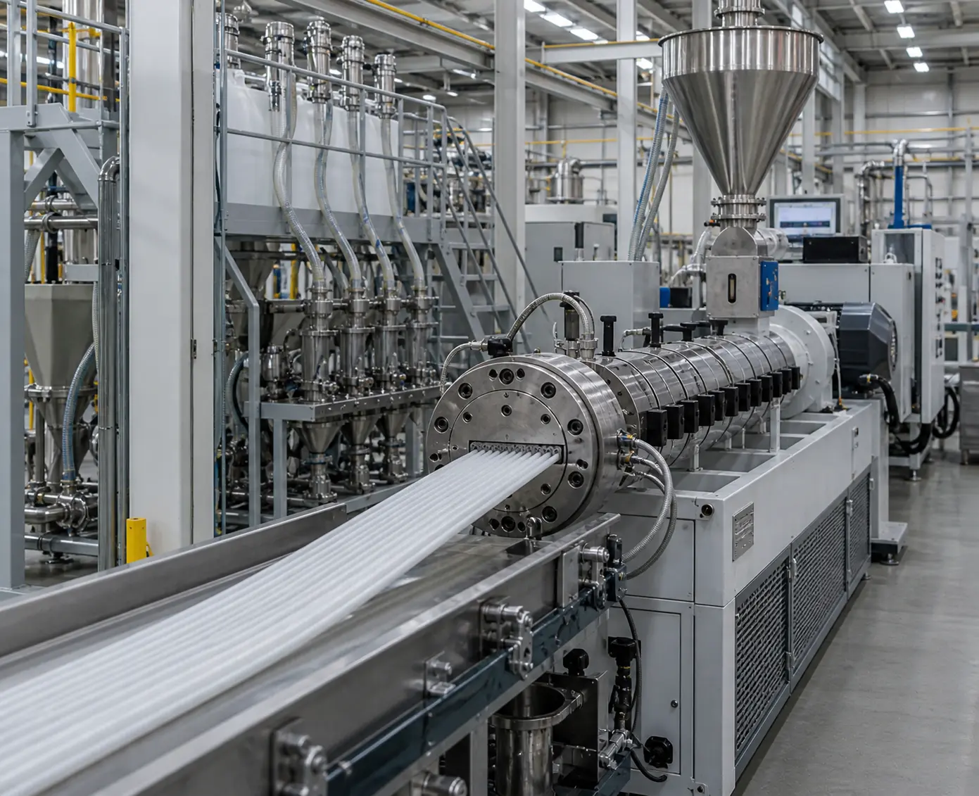 Kunststofindustrie productieomgeving met extrusielijn en gesmolten polymeer dat uit de matrijs stroomt en verder wordt verwerkt op een transportband