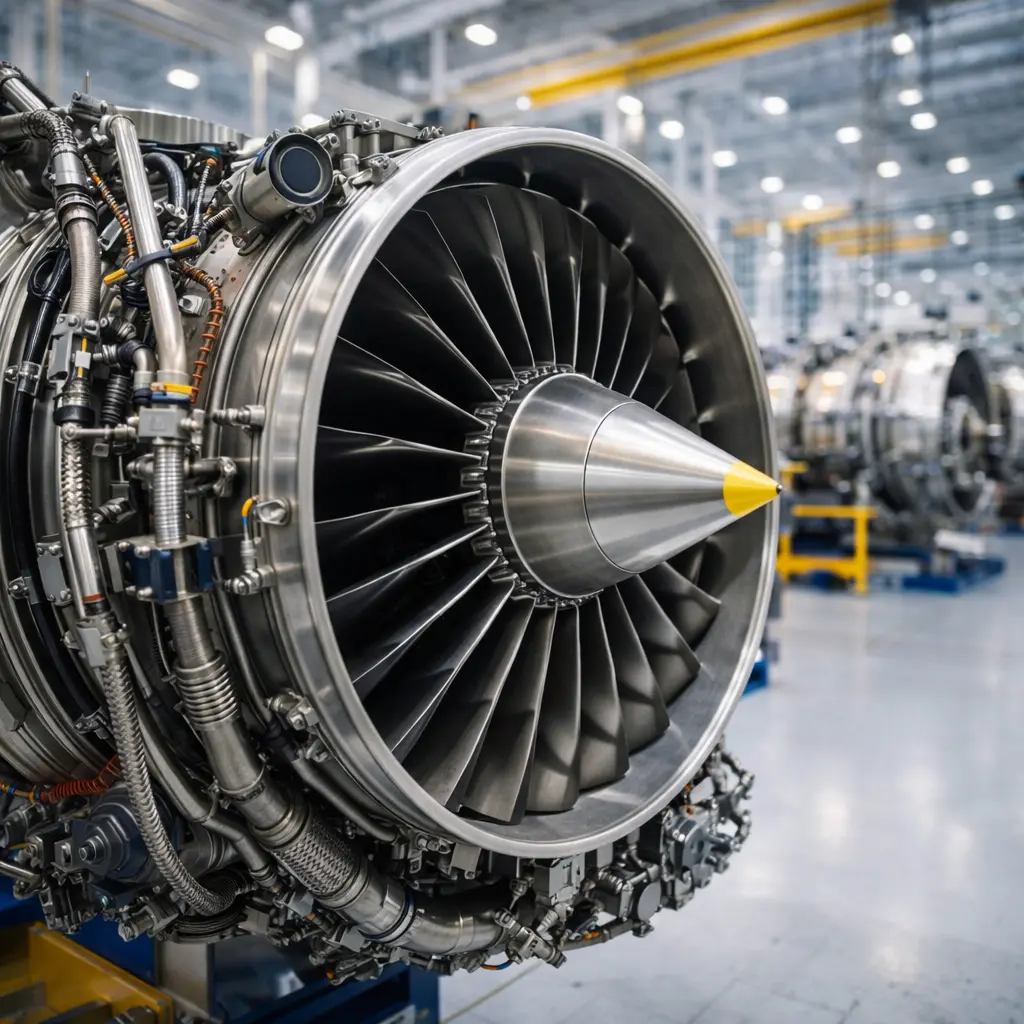 Straalmotor met technische componenten in een aerospace productiefaciliteit.