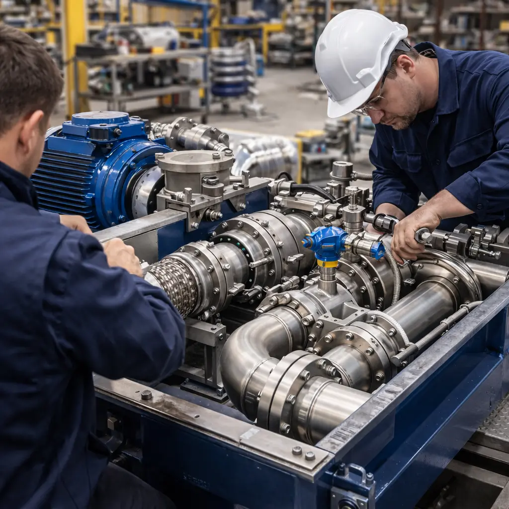 Engineers assembleren een industriële machine met roestvrijstalen leidingsystemen in een machinebouwomgeving.