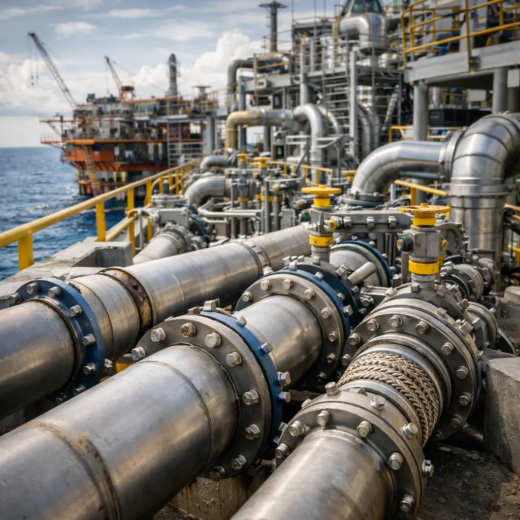 Industriële leidingsystemen en componenten op een offshore platform in maritieme omgeving.