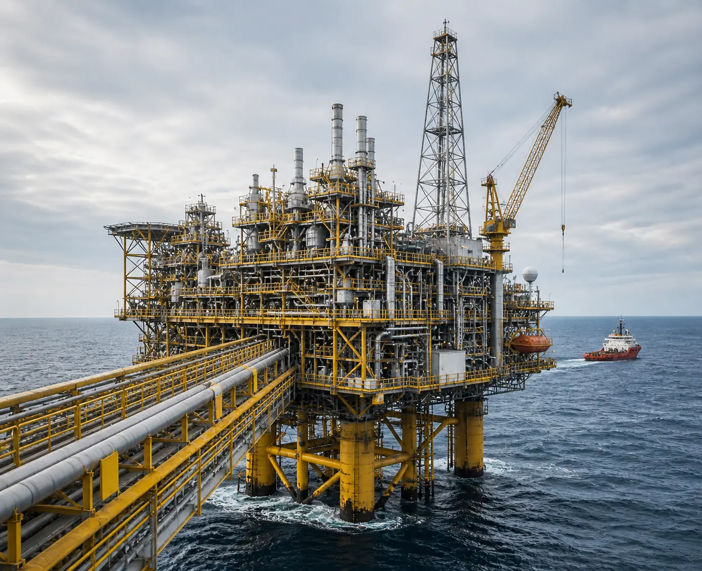 Offshore platform met industriële installaties en leidingsystemen op zee in een maritieme omgeving