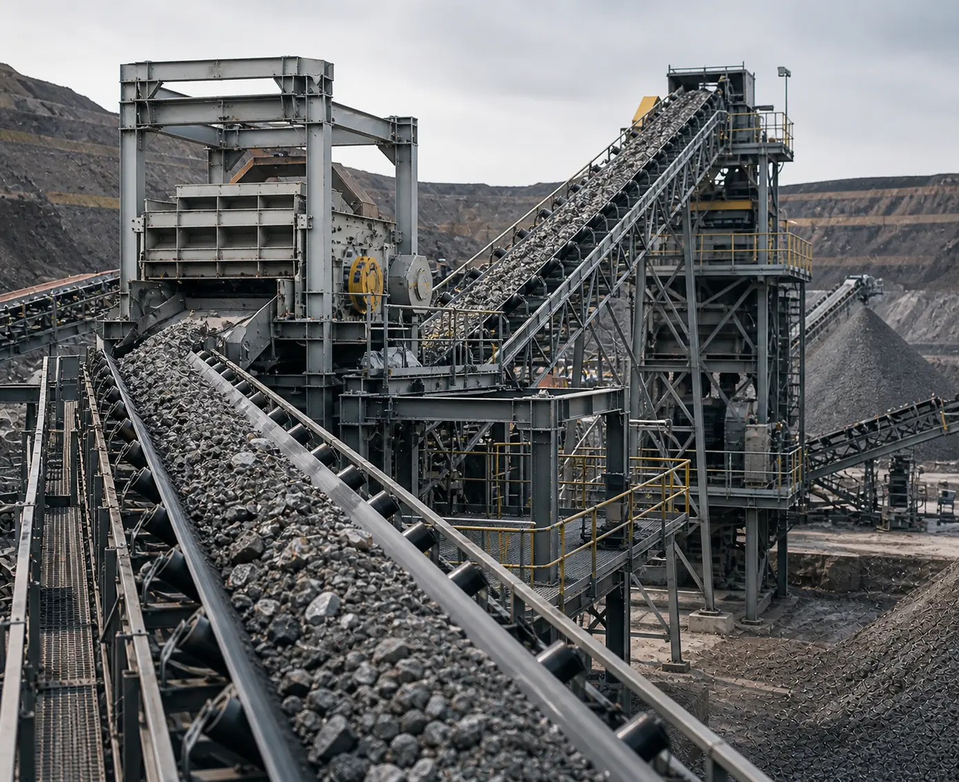 Ertsverwerkingsinstallatie met transportbanden voor grondstoffen en gebroken mineraal materiaal in een industriële mijnbouwomgeving