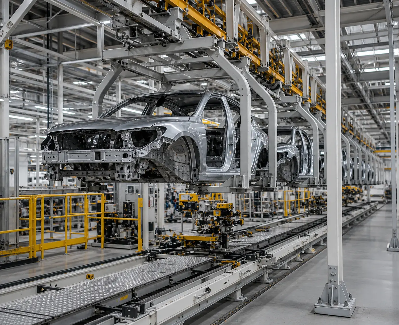 Technische transportinstallatie voor voertuigen met mechanische transportsystemen in een industriële productieomgeving