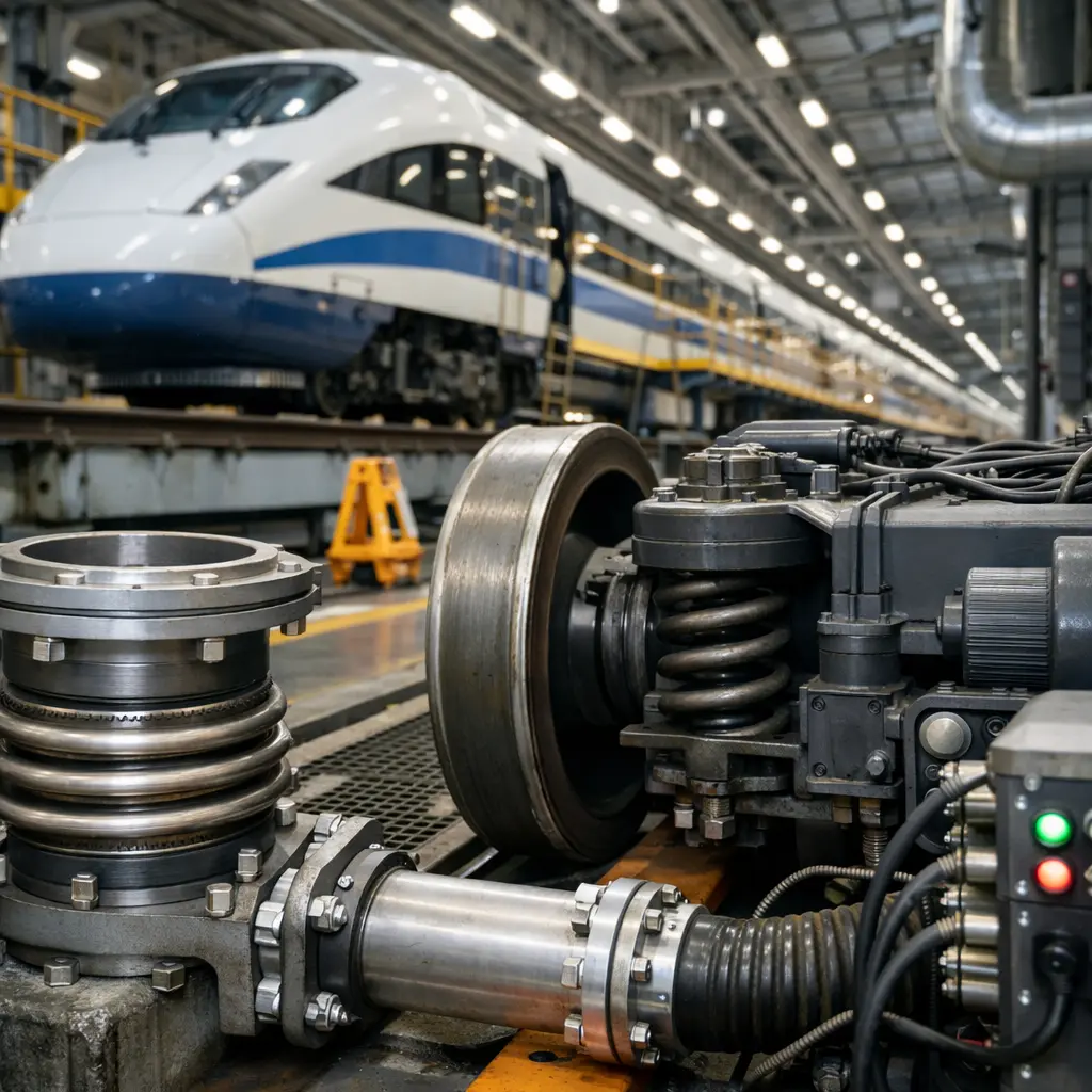 Technische componenten en treinonderhoudsinstallatie in een industriële mobiliteitsomgeving.