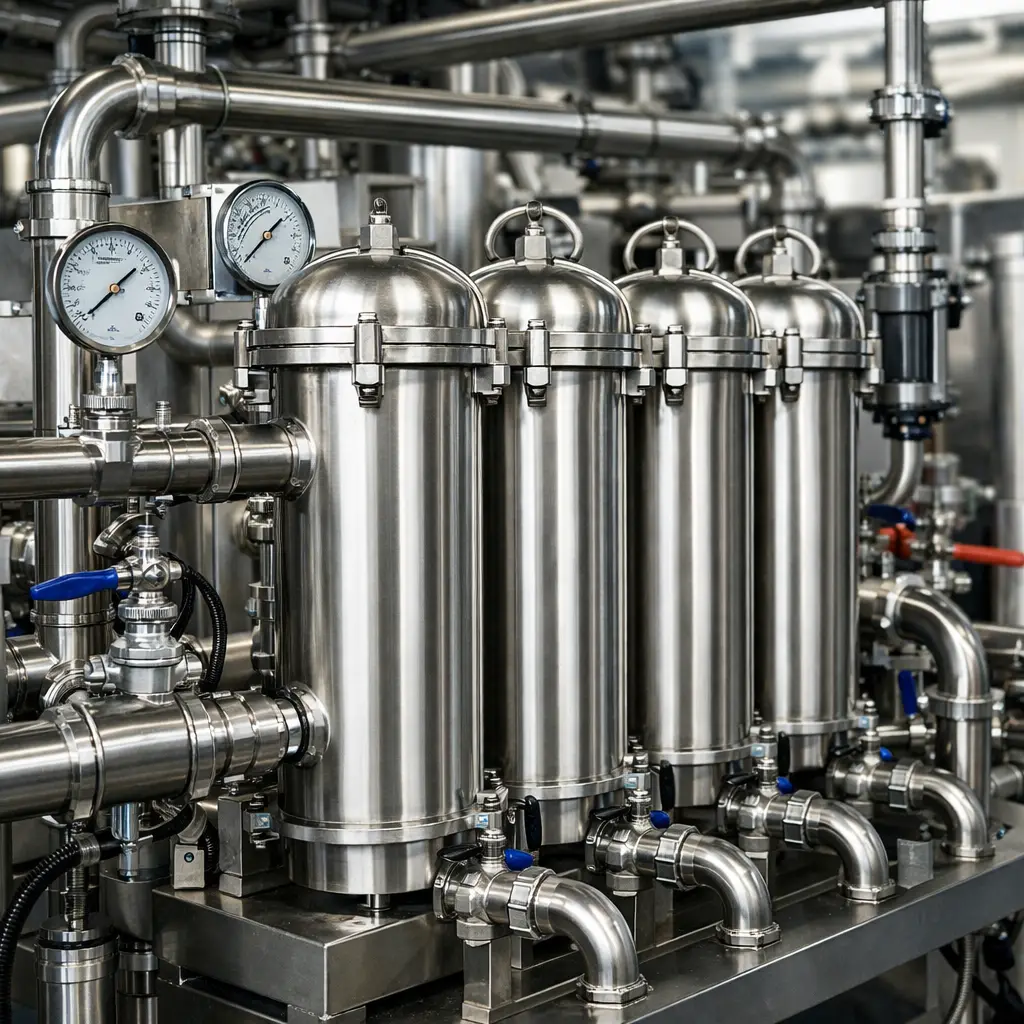 Industriële filtratie-installatie met filterbehuizingen, leidingen en afsluiters in een procesomgeving