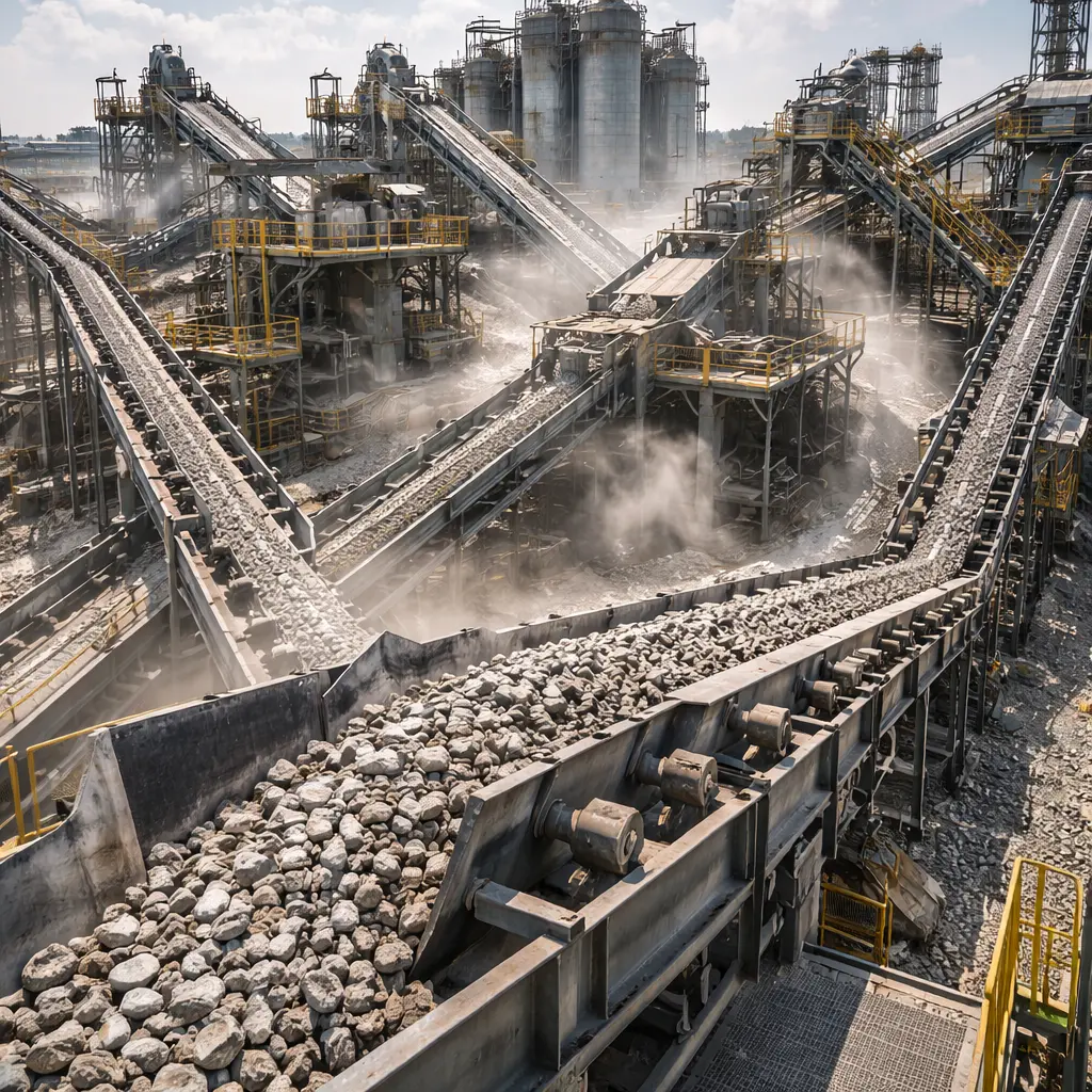 Industriële mineraalverwerkingsinstallatie met transportbanden die bulkgrondstoffen verwerken in een zware industriële productieomgeving