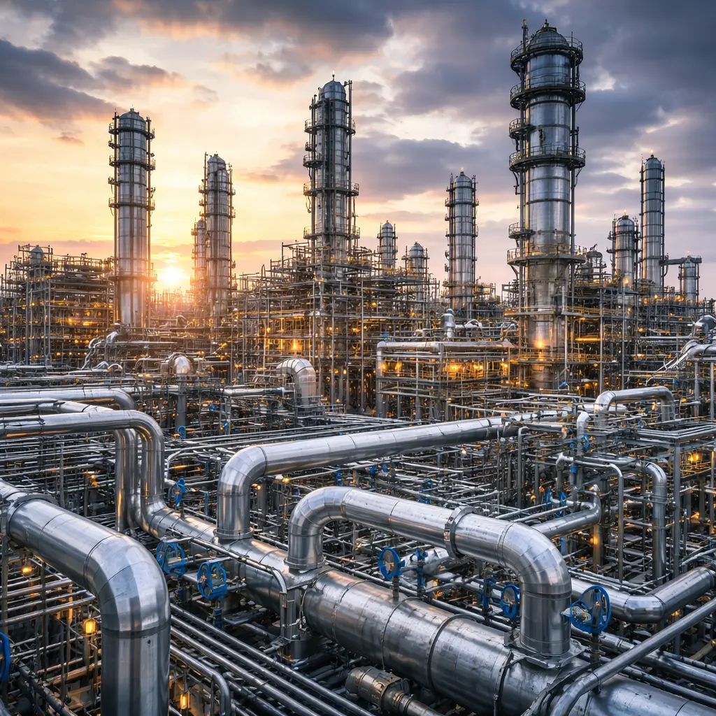 Petrochemische procesinstallatie met complexe leidingsystemen, reactoren en destillatietorens in een industriële chemische fabriek.