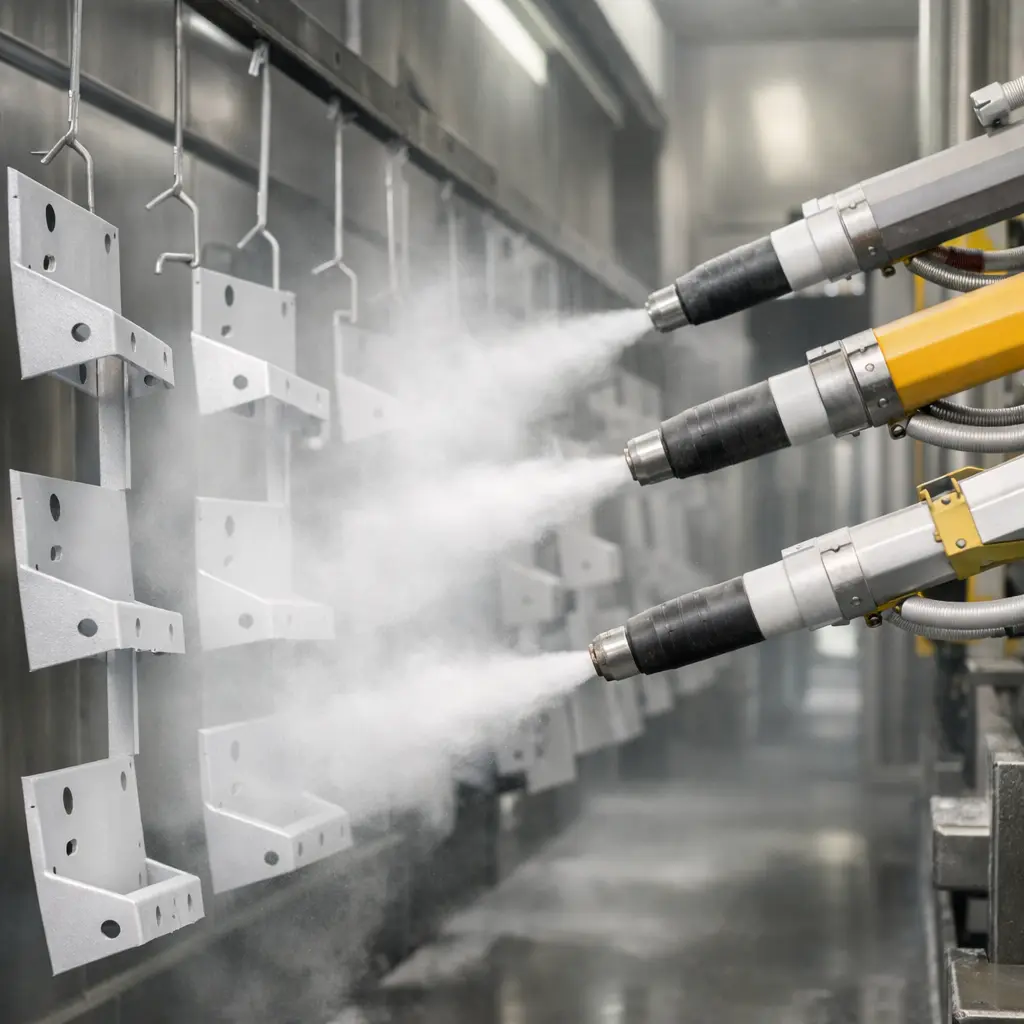 Industriële poedercoatinginstallatie waar metalen onderdelen aan een transportlijn automatisch worden gecoat met elektrostatische spuitpistolen.
