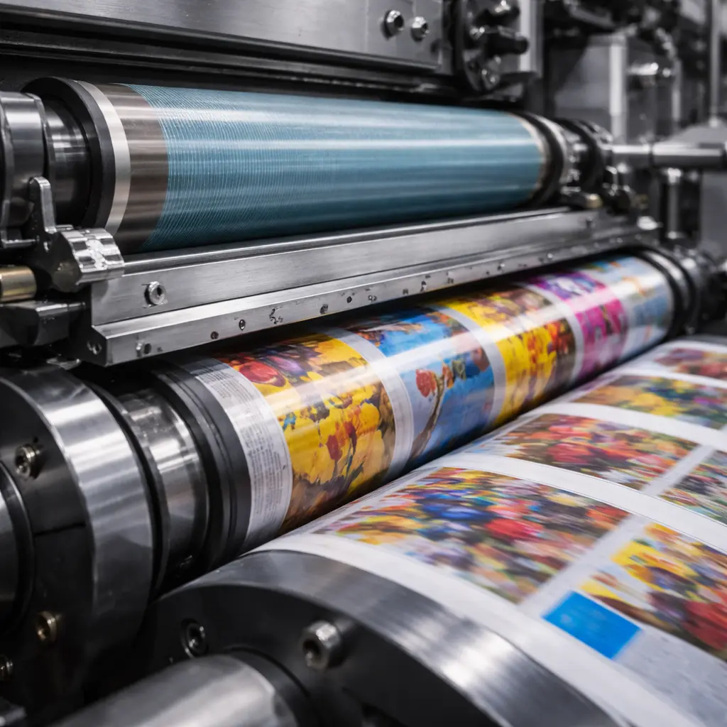 Flexodrukpers met anilox roller die inkt op verpakkingsmateriaal aanbrengt in een industriële drukomgeving.
