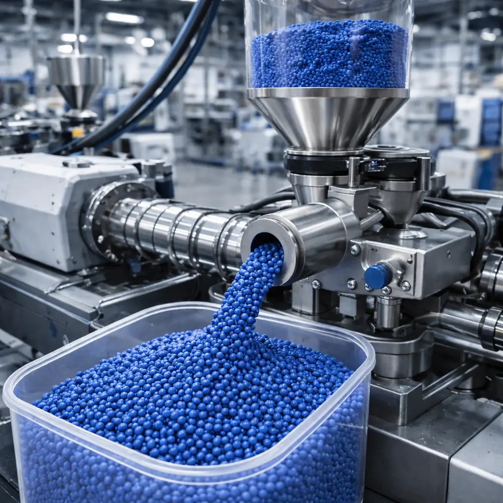 Industriële kunststofverwerkingsinstallatie met extruder en blauwe kunststofgranulaat pellets in een productieomgeving.