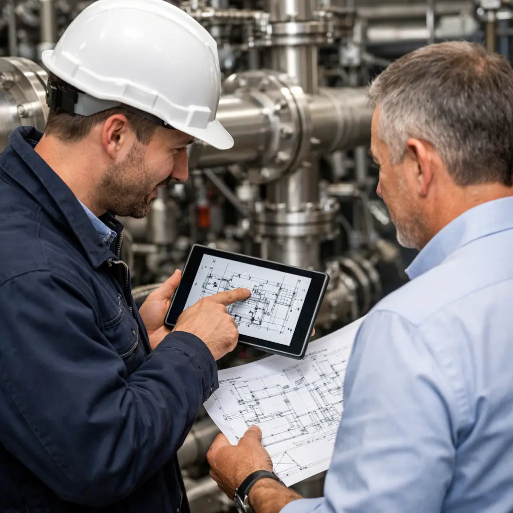 Engineer en klant bekijken samen een piping layout in een industriële installatieomgeving