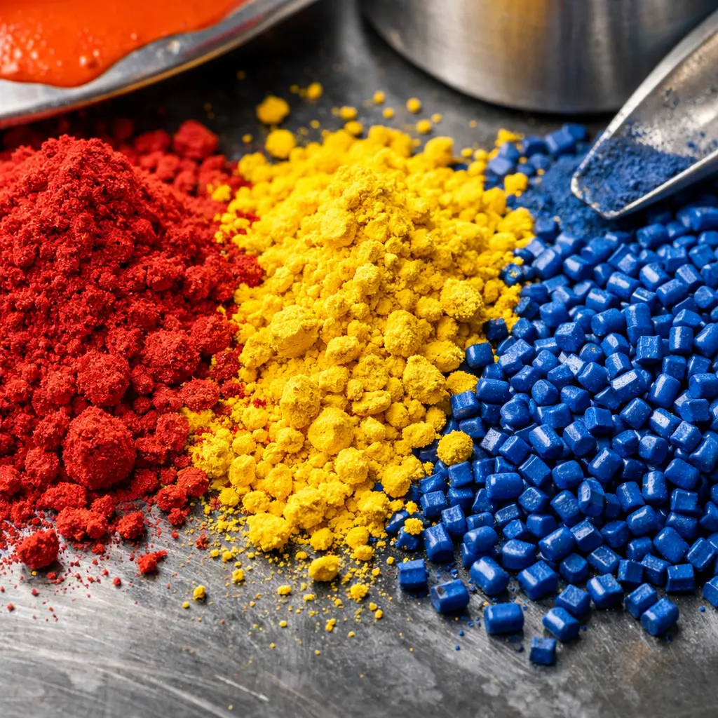Close-up van pigmentpoeders in rood, geel en blauw met zichtbare deeltjesstructuur voor industriële toepassingen