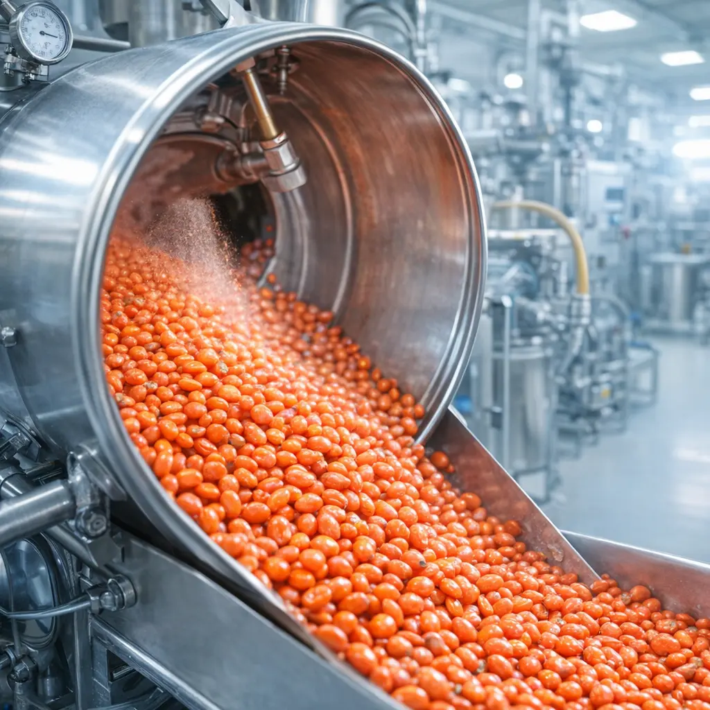 Gecoate zaden die uit een industriële coatingtrommel komen tijdens een seed-coating proces.