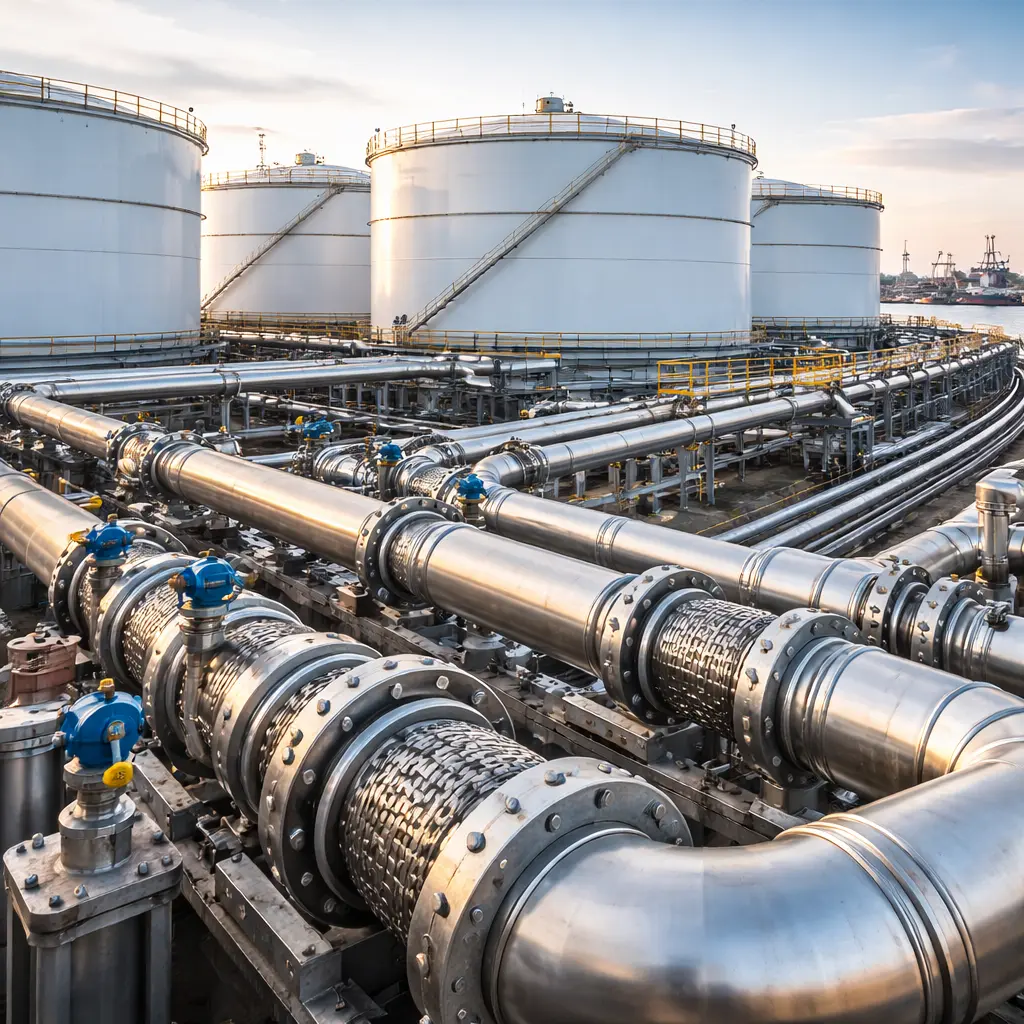Industriële tankopslagterminal met opslagtanks, roestvrijstalen leidingsystemen en flensverbindingen