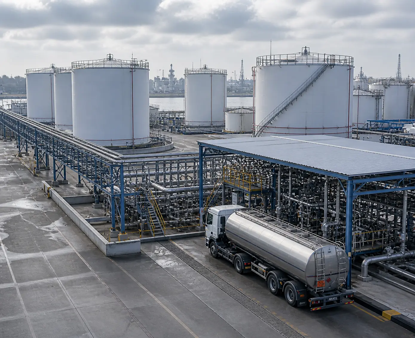 Tankopslagterminal met meerdere cilindrische opslagtanks en industriële laad- en pijpleidinginfrastructuur in een realistische procesomgeving