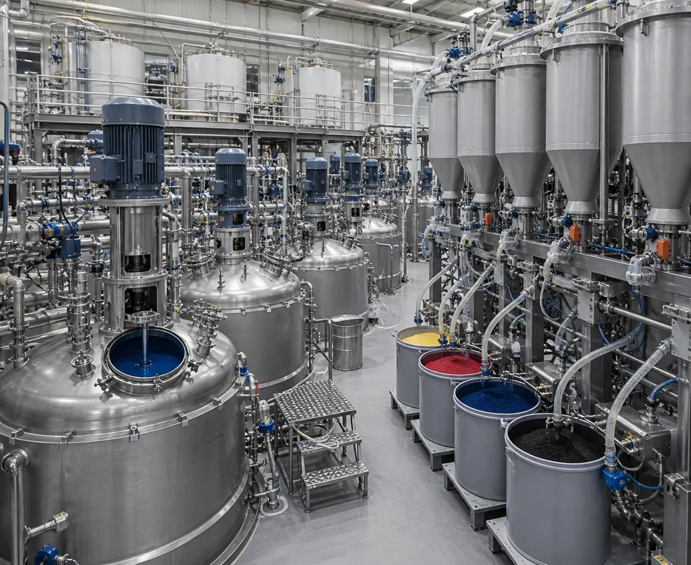 Industriële verfproductieomgeving met meng- en dispersietanks, zichtbaar pigmentpoeder doseersysteem en grondstof toevoerinstallaties