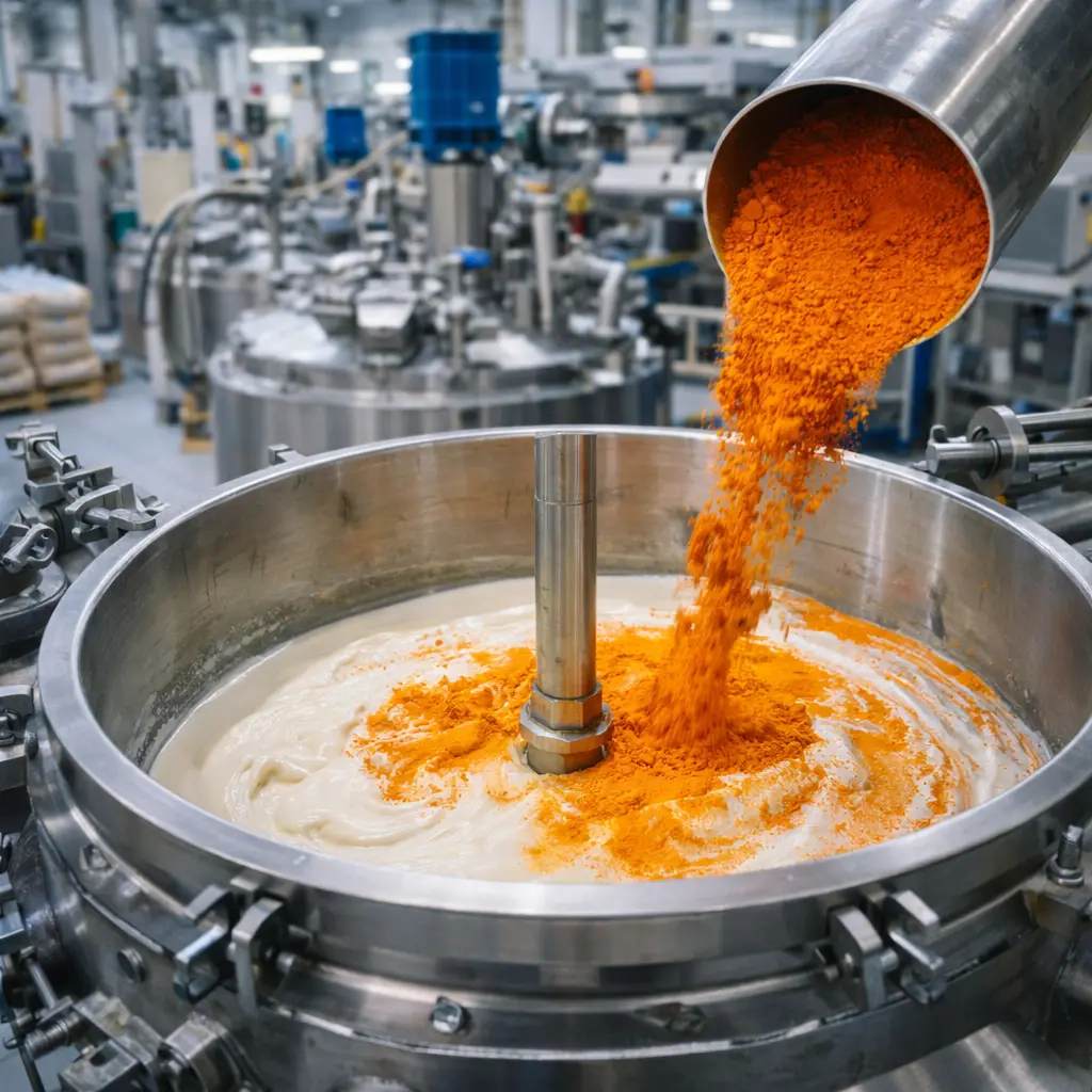 Pigmentpoeder dat wordt toegevoegd aan een industriële mengtank tijdens verfproductie.