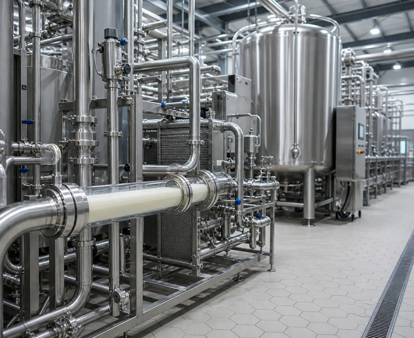 Voedingsmiddelen- en drankenindustrie procesinstallatie met roestvrijstalen leidingsysteem en zichtbare vloeistofstromen