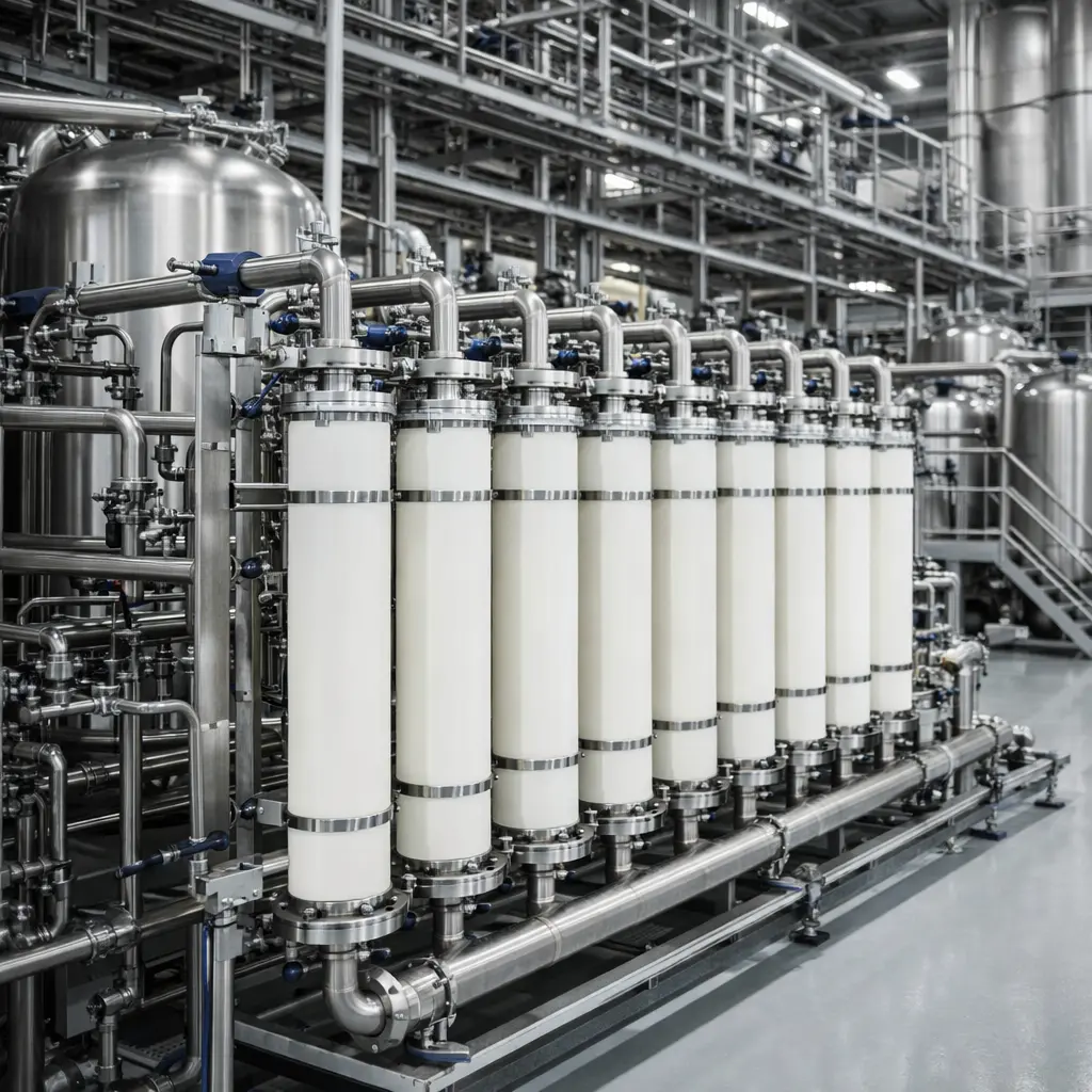 Industriële waterbehandelingsinstallatie met filtratiekolommen en roestvrijstalen leidingsystemen.