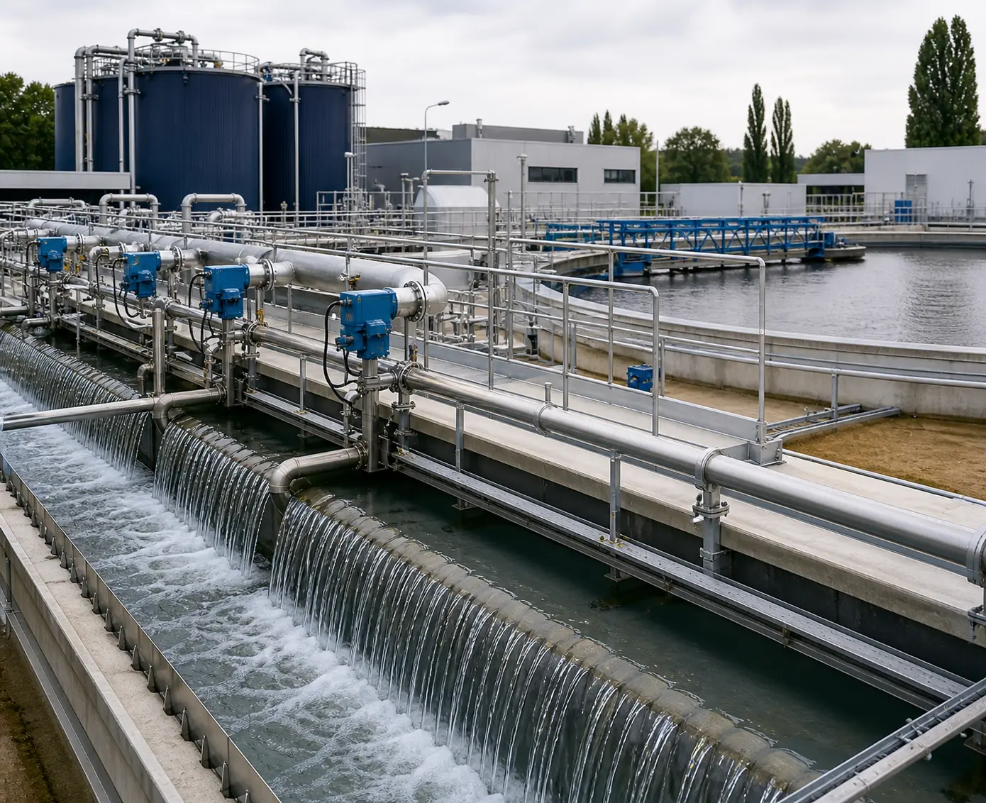 Industriële waterbehandelingsinstallatie met filtratiesystemen en zichtbare waterstromen in een gecontroleerde procesomgeving