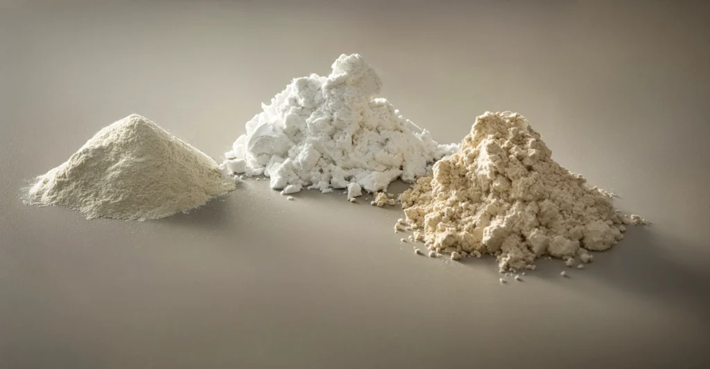 Verschillende filterhulpstoffen in poedervorm voor industriële koekfiltratie en vloeistoffiltratie.