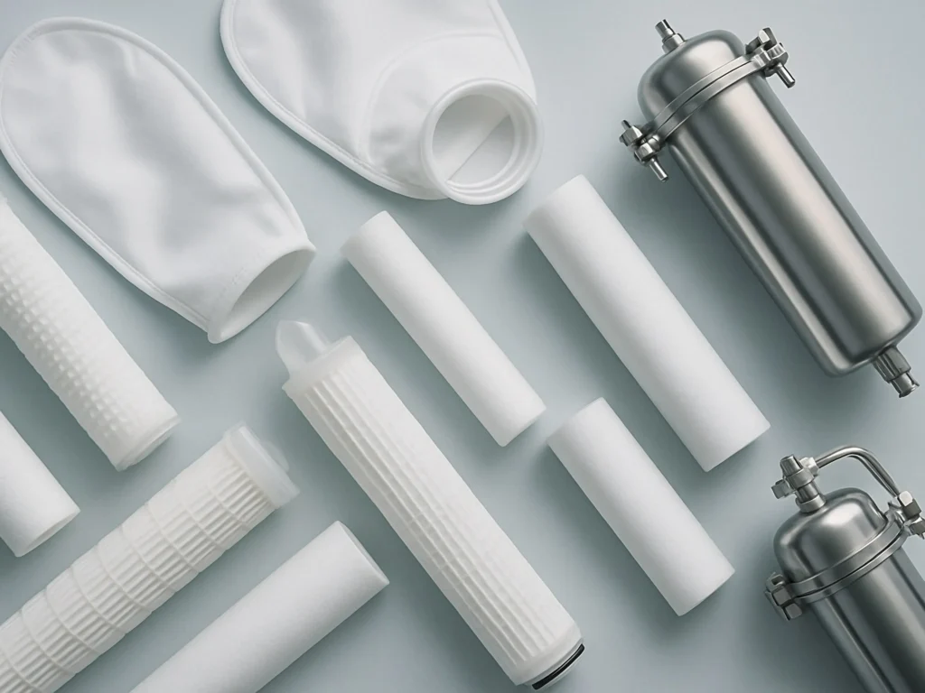 Industriële filtersystemen met filterpatronen, filterzakken en filterhuizen voor vloeistoffiltratie.