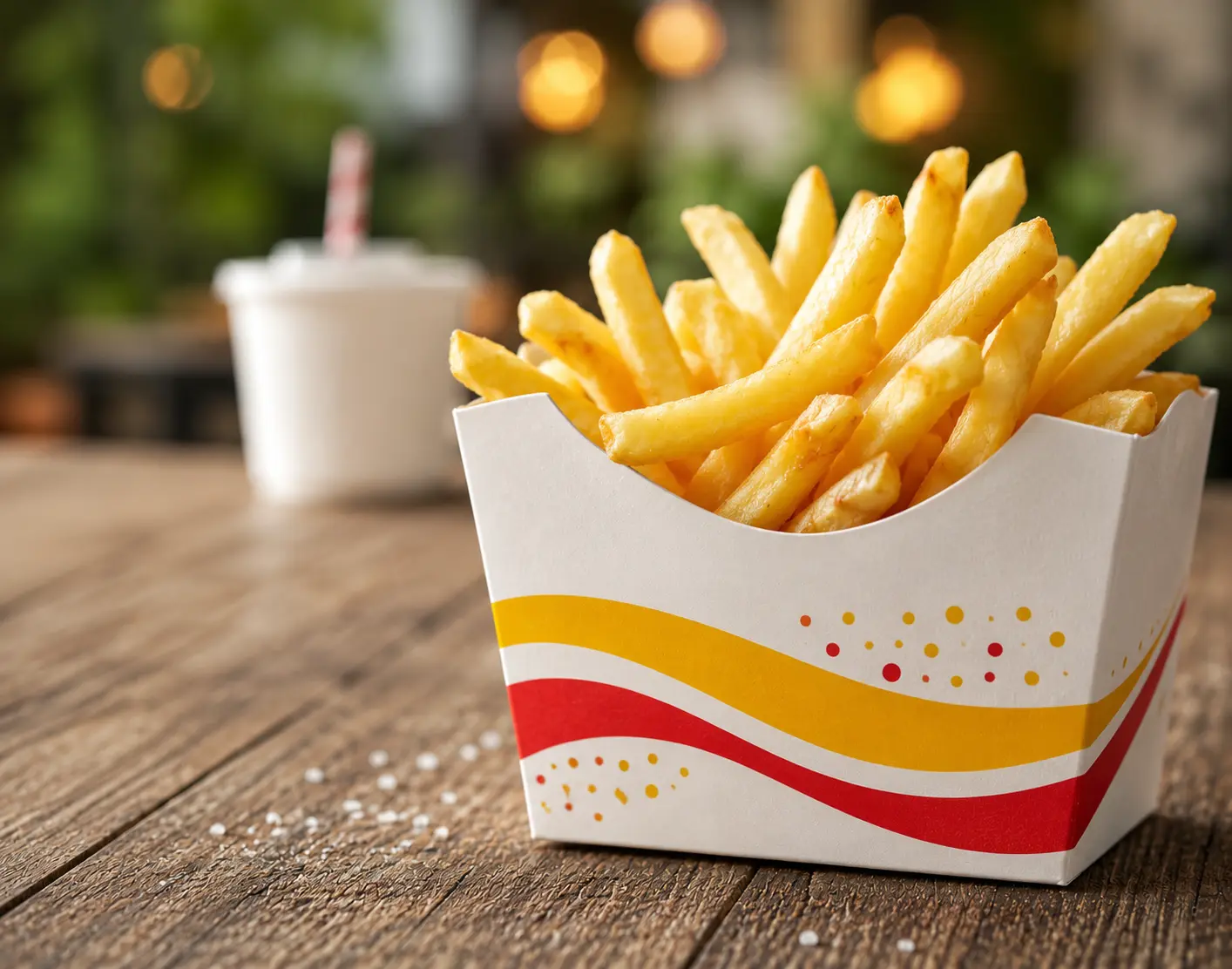 Close-up van goudgele frietjes in een kartonnen fastfoodbakje op een houten tafel met een onscherpe restaurantachtergrond.